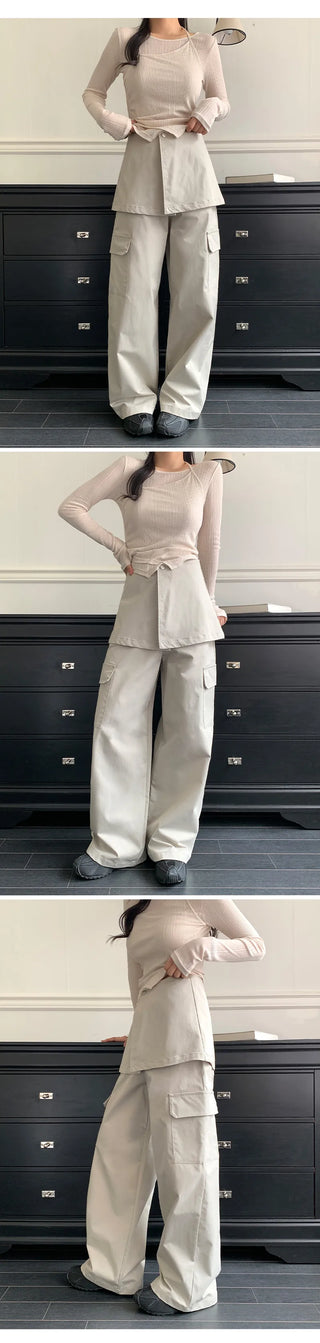 Tirn Wide Cargo Pants Layered Skirt Set