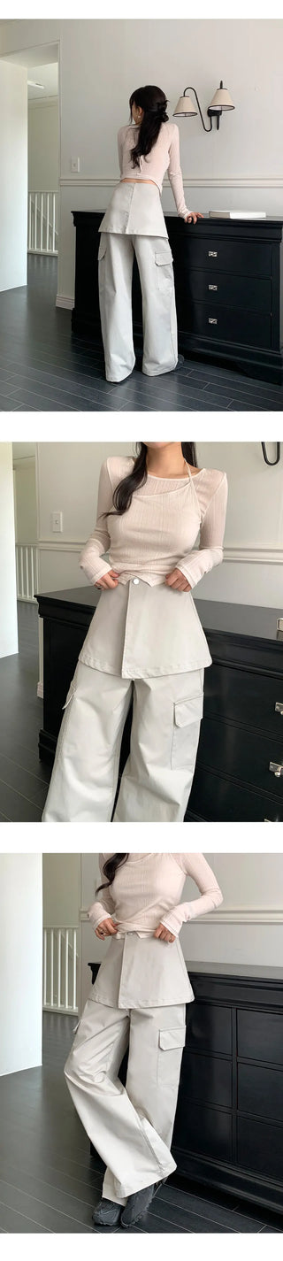 Tirn Wide Cargo Pants Layered Skirt Set