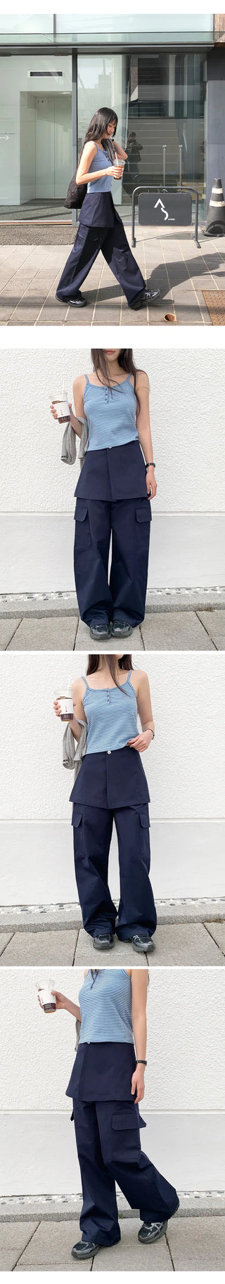 Tirn Wide Cargo Pants Layered Skirt Set