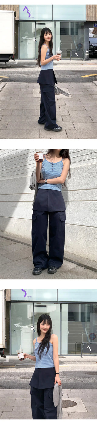 Tirn Wide Cargo Pants Layered Skirt Set
