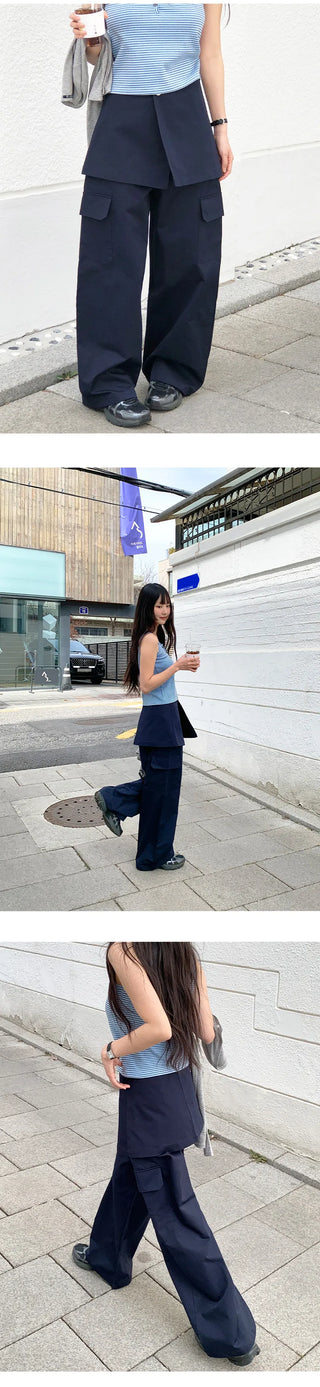 Tirn Wide Cargo Pants Layered Skirt Set