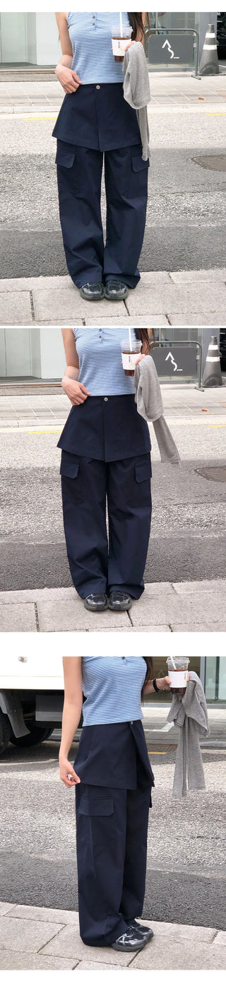 Tirn Wide Cargo Pants Layered Skirt Set