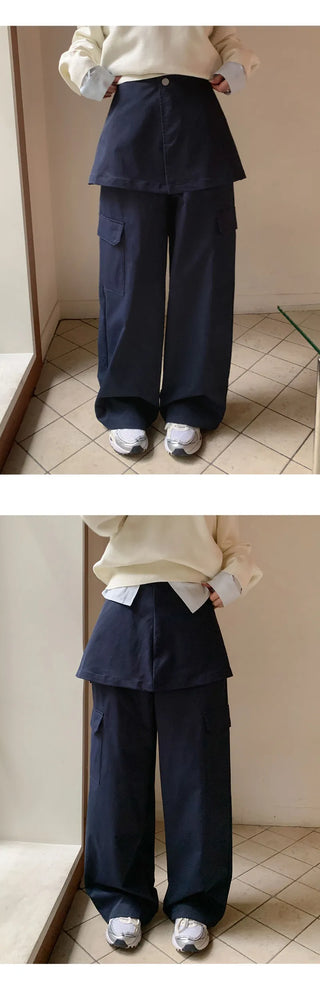 Tirn Wide Cargo Pants Layered Skirt Set