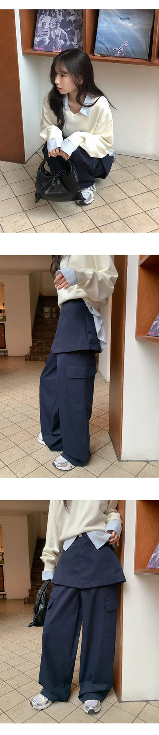 Tirn Wide Cargo Pants Layered Skirt Set