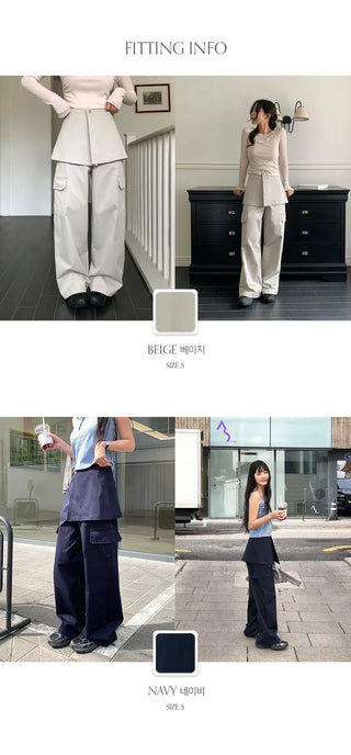 Tirn Wide Cargo Pants Layered Skirt Set