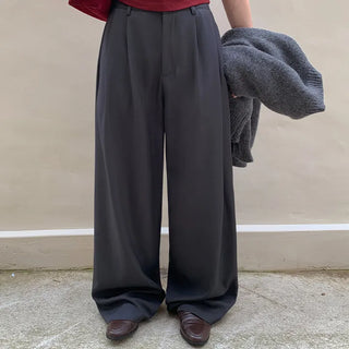 Teroen Two Pin Tuck Back Elastic Waist Wide Slacks