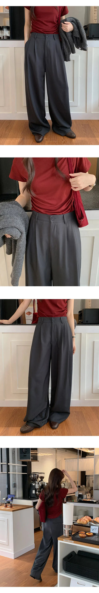 Teroen Two Pin Tuck Back Elastic Waist Wide Slacks
