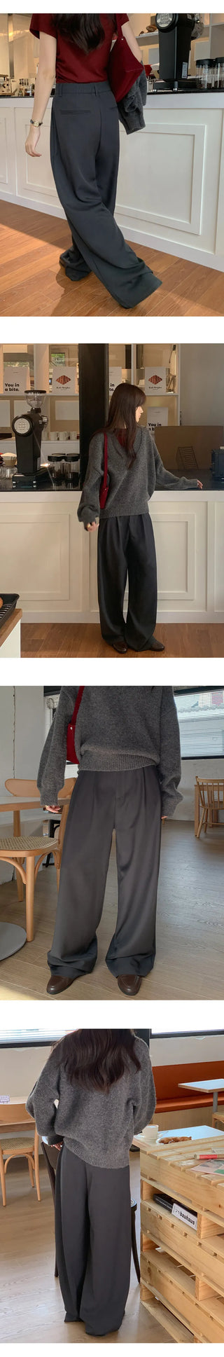 Teroen Two Pin Tuck Back Elastic Waist Wide Slacks