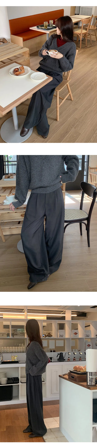 Teroen Two Pin Tuck Back Elastic Waist Wide Slacks