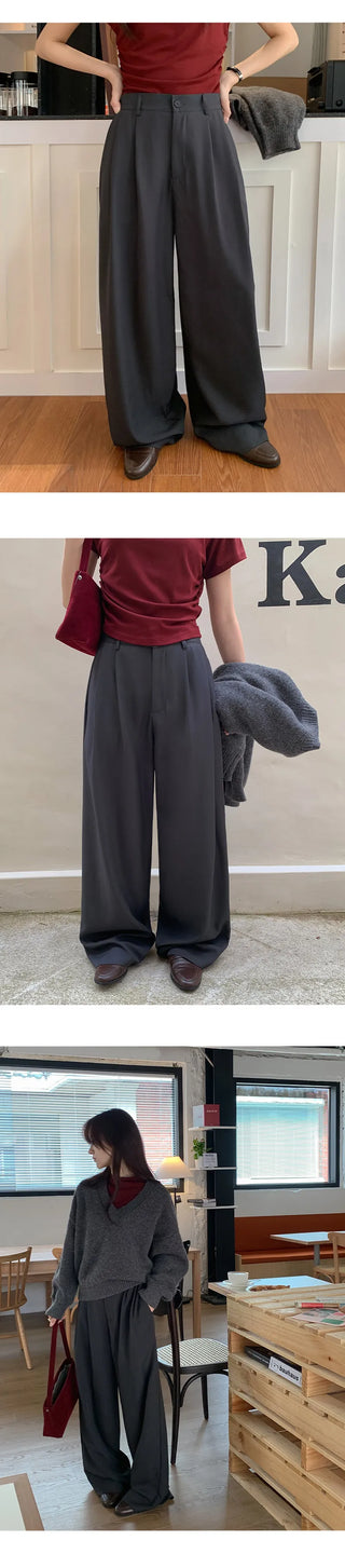 Teroen Two Pin Tuck Back Elastic Waist Wide Slacks