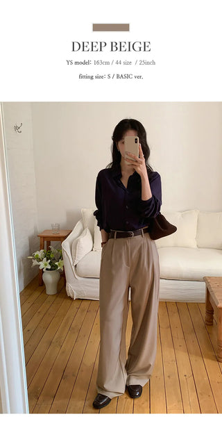 Teroen Two Pin Tuck Back Elastic Waist Wide Slacks