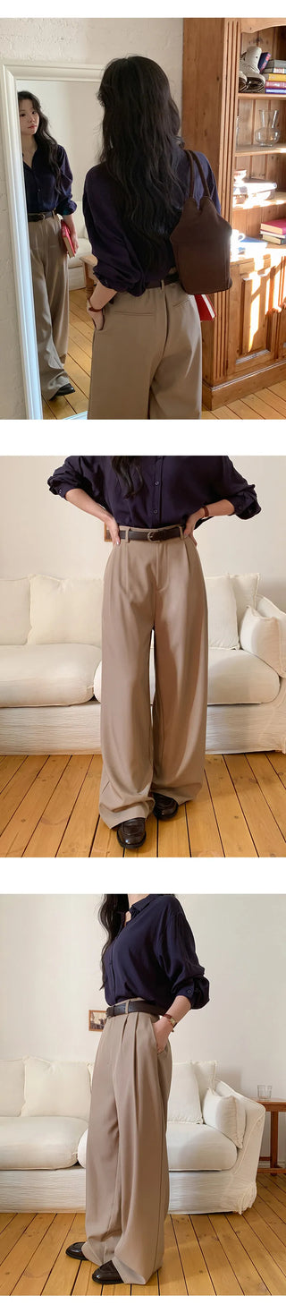 Teroen Two Pin Tuck Back Elastic Waist Wide Slacks