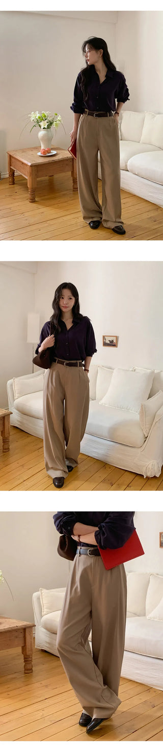 Teroen Two Pin Tuck Back Elastic Waist Wide Slacks