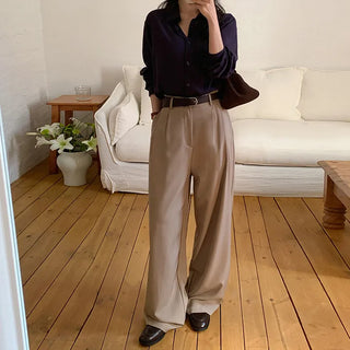 Teroen Two Pin Tuck Back Elastic Waist Wide Slacks