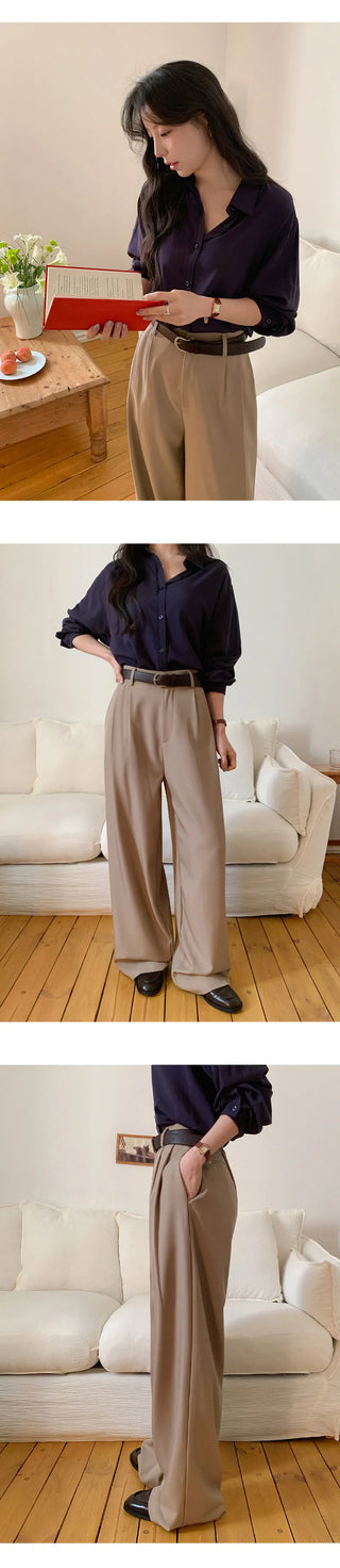 Teroen Two Pin Tuck Back Elastic Waist Wide Slacks