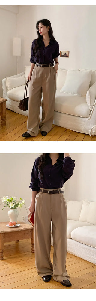 Teroen Two Pin Tuck Back Elastic Waist Wide Slacks