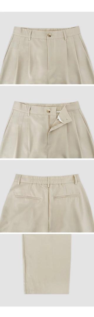 Teroen Two Pin Tuck Back Elastic Waist Wide Slacks