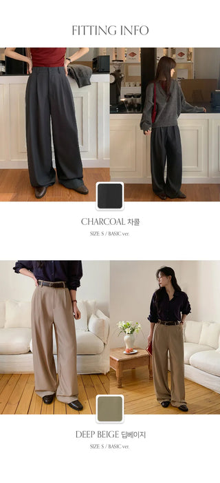 Teroen Two Pin Tuck Back Elastic Waist Wide Slacks