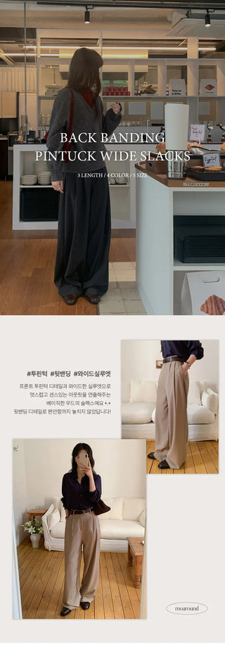 Teroen Two Pin Tuck Back Elastic Waist Wide Slacks