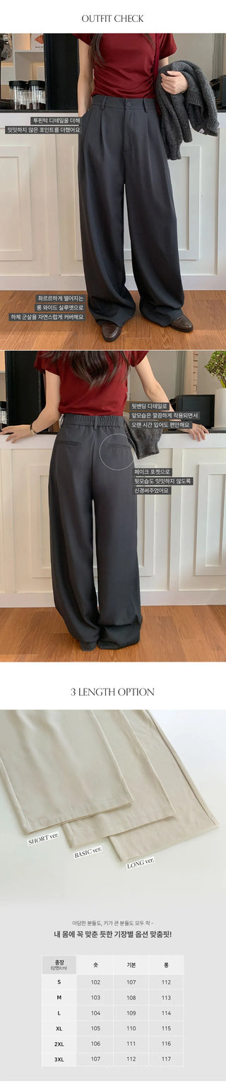 Teroen Two Pin Tuck Back Elastic Waist Wide Slacks