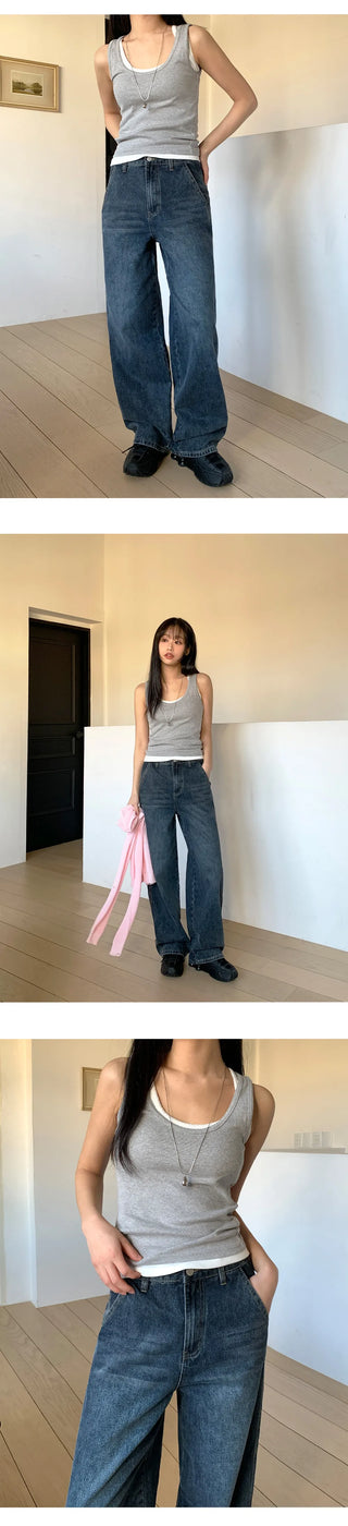 Britteen Hidden Elastic Waist Back Cut Washed Wide Pants