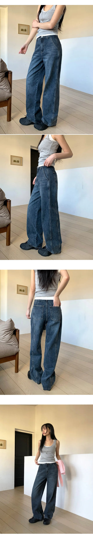 Britteen Hidden Elastic Waist Back Cut Washed Wide Pants