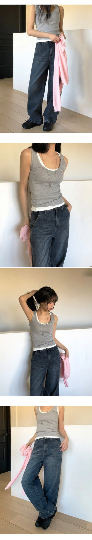Britteen Hidden Elastic Waist Back Cut Washed Wide Pants