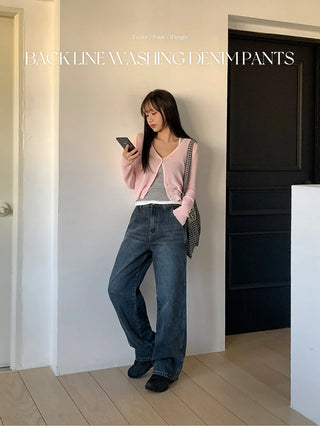 Britteen Hidden Elastic Waist Back Cut Washed Wide Pants