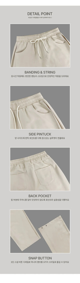 Yurin Side Pintuck Snap Button Wide Elastic Waist Slacks