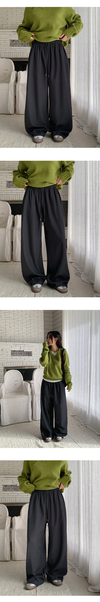 Yurin Side Pintuck Snap Button Wide Elastic Waist Slacks