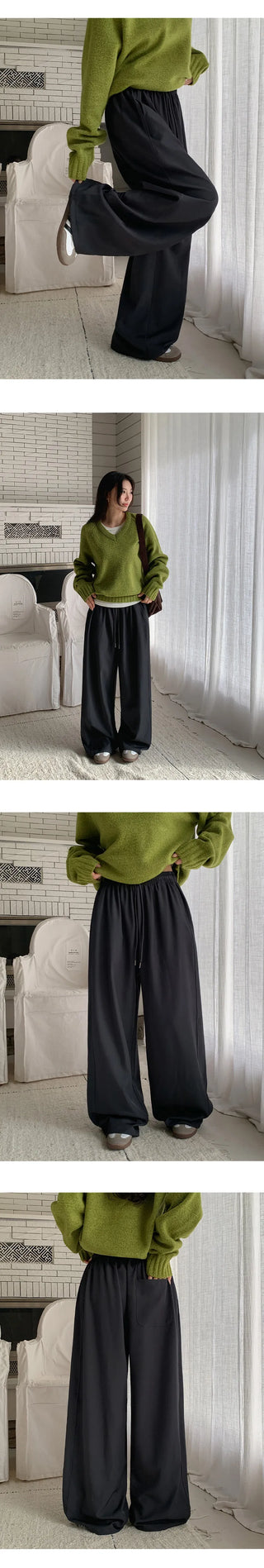 Yurin Side Pintuck Snap Button Wide Elastic Waist Slacks