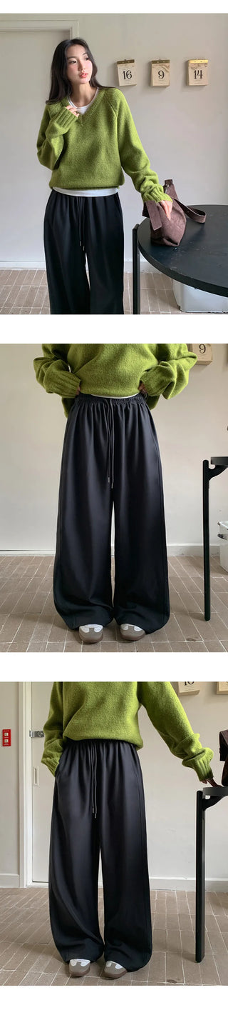 Yurin Side Pintuck Snap Button Wide Elastic Waist Slacks