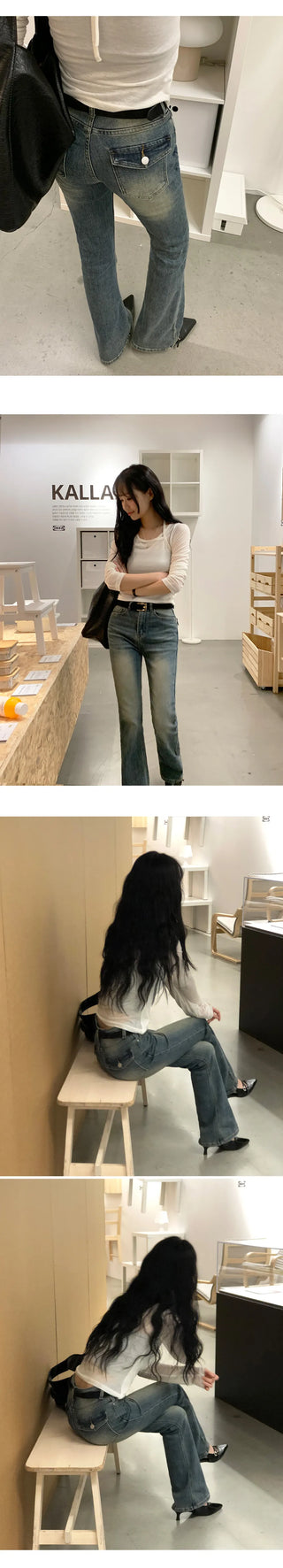 Reborns Back Pocket Washed Bootcut Denim Pants