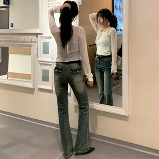 Reborns Back Pocket Washed Bootcut Denim Pants