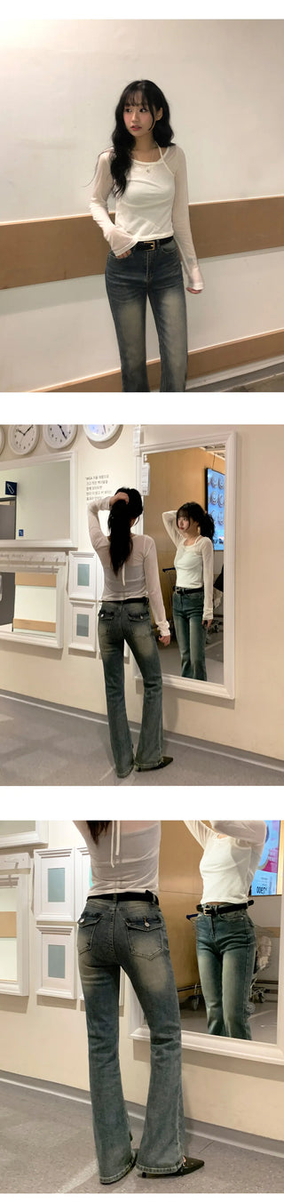 Reborns Back Pocket Washed Bootcut Denim Pants