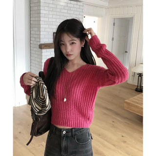 Sweet Mohair V-Neck Ribbed See-Through Semi-Crop Knit
