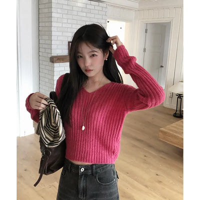 Sweet Mohair V-Neck Ribbed See-Through Semi-Crop Knit