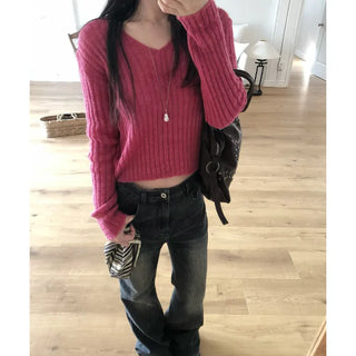 Sweet Mohair V-Neck Ribbed See-Through Semi-Crop Knit