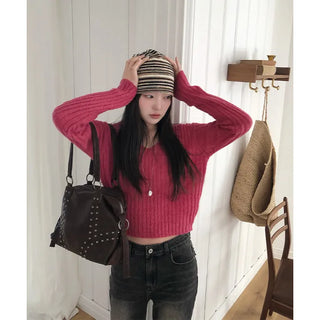 Sweet Mohair V-Neck Ribbed See-Through Semi-Crop Knit