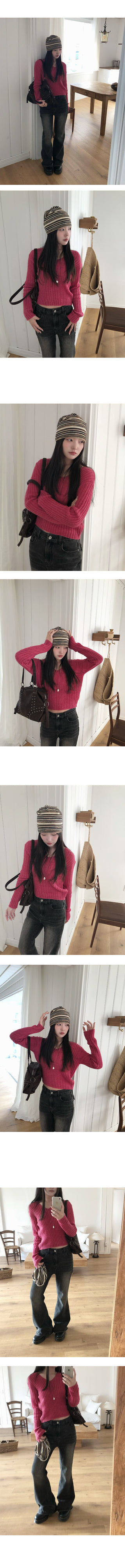 Sweet Mohair V-Neck Ribbed See-Through Semi-Crop Knit