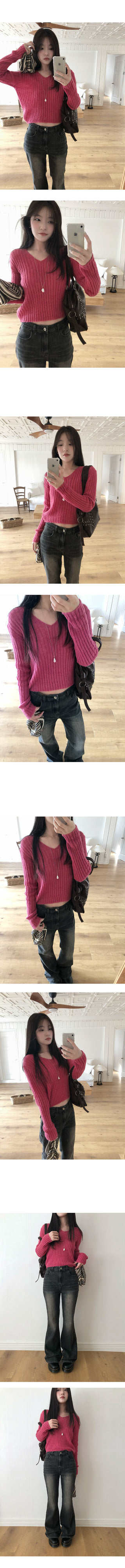 Sweet Mohair V-Neck Ribbed See-Through Semi-Crop Knit