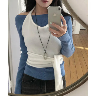 AMU Ribbed Boat Neck Off-Shoulder Knit