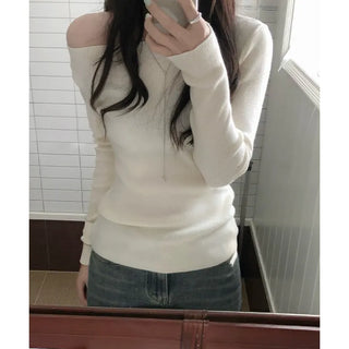 AMU Ribbed Boat Neck Off-Shoulder Knit