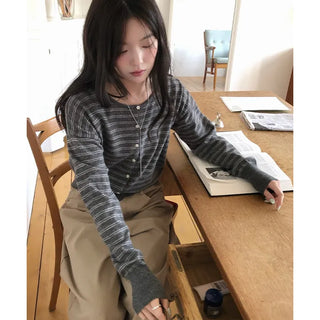 Name Striped Contrast Round Knit Cardigan