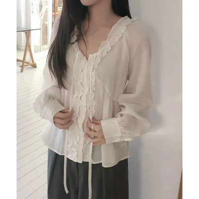 Sorbet Linen Frill See-through Blouse