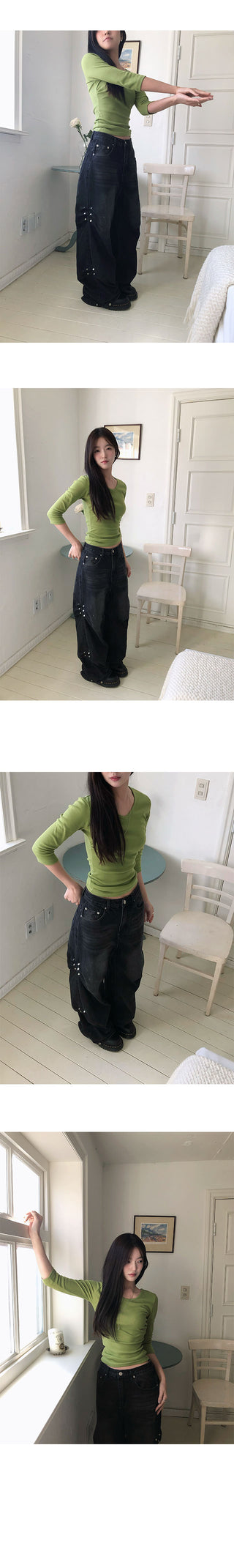 Solsol 3/4 Length Round Neck V-Neck Shirred T-Shirt