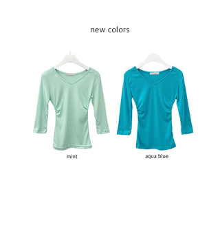 Solsol 3/4 Length Round Neck V-Neck Shirred T-Shirt