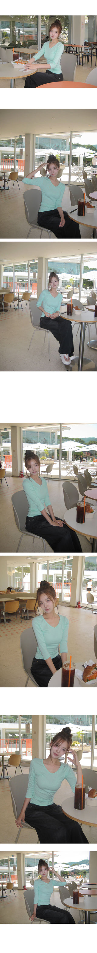 Solsol 3/4 Length Round Neck V-Neck Shirred T-Shirt