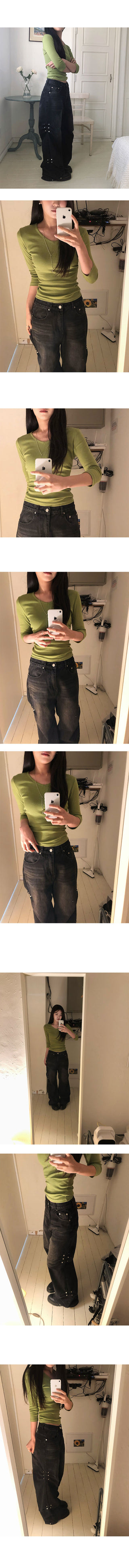 Solsol 3/4 Length Round Neck V-Neck Shirred T-Shirt