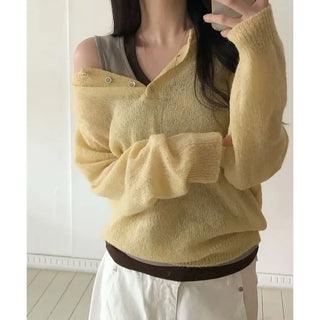 Arin Henley Neck See-through Mohair Knit
